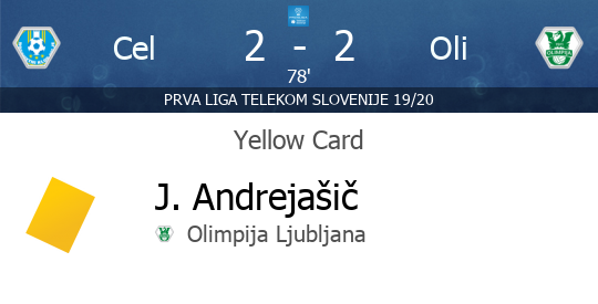 PrvaLigaEN's tweet photo. [78'] YELLOW CARD - J. Andrejašič (Olimpija Ljubljana) - Celje v Olimpija Ljubljana  - https://t.co/nlT69eDgb7 https://t.co/1pyXC7mOVE