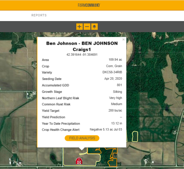 BenDJohnsonCCA's tweet photo. With #FarmCommandCenter from @farmers_edge you can click on any of your fields on the map and get this plethora of information at a glance. Side note: with that level of disease pressure, I'm sure glad I talked my old man (#TwitterlessCraig) into spraying fungicide the other day. https://t.co/Zgt4rLqWOz