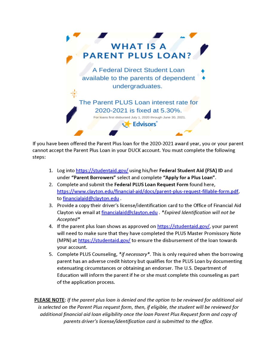 Are you offered the Parent Plus Loan in your Duck Account? Would you like to use the Parent Plus loan towards your charges? Follow the steps below to get started! For more information, please visit, clayton.edu/financial-aid/….
