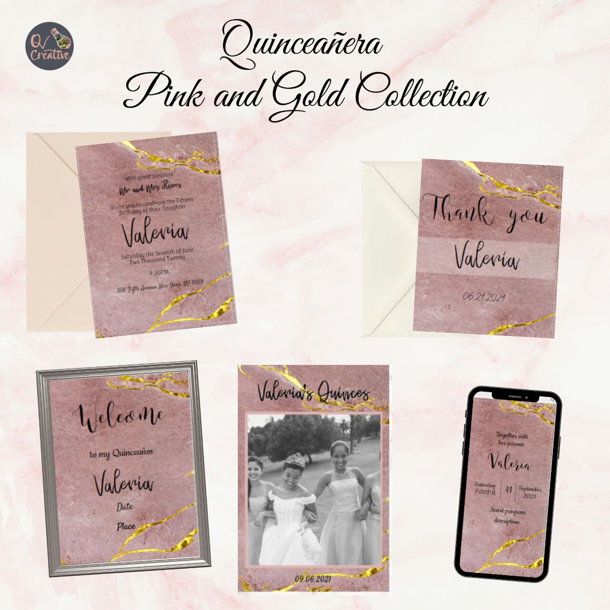 Glamorous Quinces Party? Then, we have something for you! Our new stationery collection with pink marble and gold strings will be the perfect fit for your chic event. #etsyshop #stationery #digitalstationery #etsy #tulsa #oklahoma