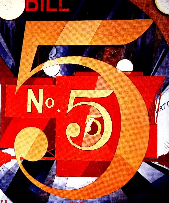 I Saw The Figure 5 in Gold, 1928, Charles Demuth'Among the rain/and lights/I saw the figure 5/in gold/on a red/fire truck/moving/tense/unheeded/to gong clangs/siren howls/and wheels rumbling/through the dark city.'The Great Figure - William Carlos Williams