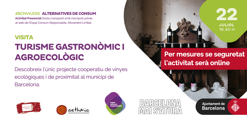 Avui, a les 18:30 , darrera sessió del Cicle #TurismESS

🐞Turisme Gastronòmic i Agroecològic  

-> Parlarem de com el turisme rural i gastronòmic pot potenciar l'agroecologia i un desenvolupament local, just i sostenible! 

Canal: meet.jit.si/EspaiConsumRes…
<a href="/olivera_coop/">L'Olivera</a> 
<a href="/xarec_/">XAREC</a>