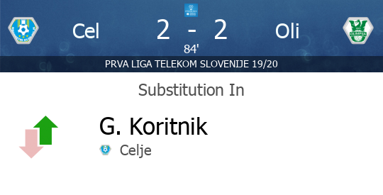 PrvaLigaEN's tweet photo. [84'] SUBSTITUTION IN - G. Koritnik (Celje) - Celje v Olimpija Ljubljana  - https://t.co/nlT69eDgb7 https://t.co/G7mh2HHBi5