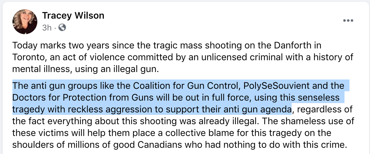 Polysesouvient's tweet photo. #GunLobby uses #DanforthShooting anniversary to accuse #GunControl groups of "shamelessly using victims" to push "anti-gun agenda".

Actually, we *are* victims - of gun massacres - who along with trauma surgeons &amp; advocates work to prevent the next one #NotAntiGun #ForGunControl https://t.co/YV3OhFijfr