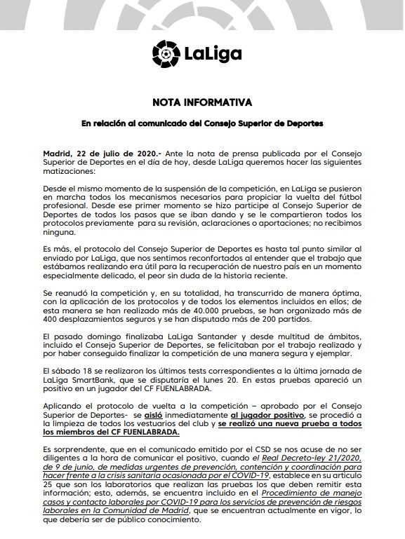 ellarguero's tweet photo. 🚨⚽️ ÚLTIMA HORA

📝 Comunicado oficial de @LaLiga 

🗣️ "Es sorprendente, que en el comunicado emitido por el CSD, se nos acuse de no ser diligentes a la hora de comunicar el positivo cuando son los laboratorios que realizan las pruebas los que deben remitir esta información" https://t.co/9HgVgfQY4Y