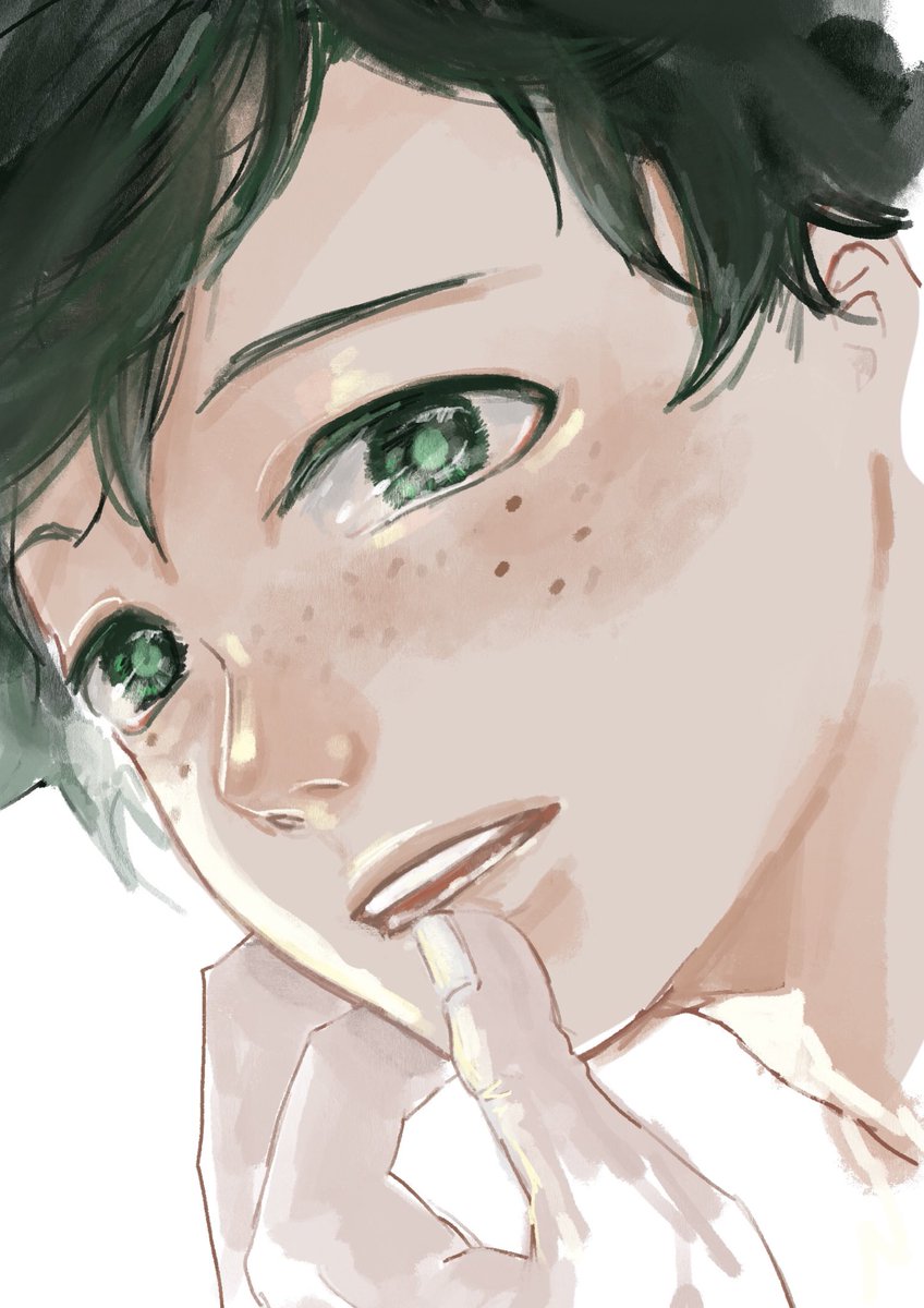 midoriya izuku 1boy green eyes male focus green hair freckles white background portrait  illustration images