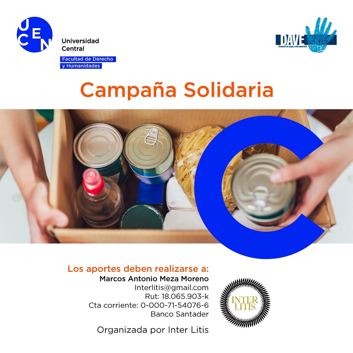 Facdeh_UCentral's tweet photo. Recuerda apoyar esta campaña solidaria para tod@s l@s compañe@s en situación de vulnerabilidad
#interlitis #DAVE
@Facdeh_UCEN
@Ucen https://t.co/Oas0oQ11M1
