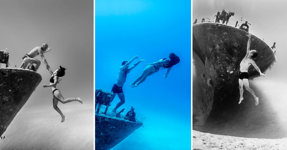 petapixel's tweet photo. Capturing 'underwater playground' photos on a shipwreck with professional freedivers: https://t.co/wbxcm1Kq1x https://t.co/q1lZ2LIsSD