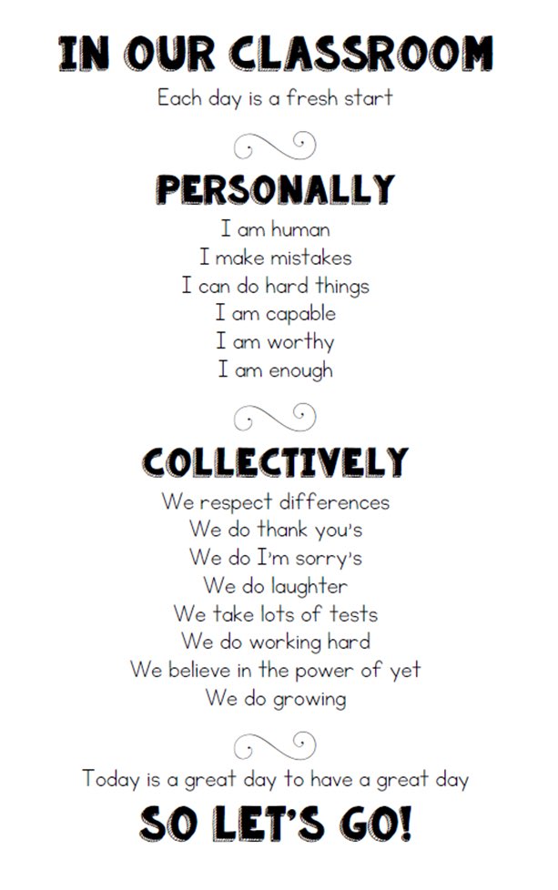 mrsaunderwood's tweet photo. I’ve been using a classroom affirmation for a few years I found online. We would say (sing) it on Monday, and then I picked out a part to focus on with the lesson for the day. I finally created one of my own that will hopefully build into each of my scholar’s sense of self. https://t.co/a142sbUvYx