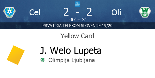 PrvaLigaEN's tweet photo. [90' + 3'] YELLOW CARD - J. Welo Lupeta (Olimpija Ljubljana) - Celje v Olimpija Ljubljana  - https://t.co/nlT69eDgb7 https://t.co/QzeOQWupzH
