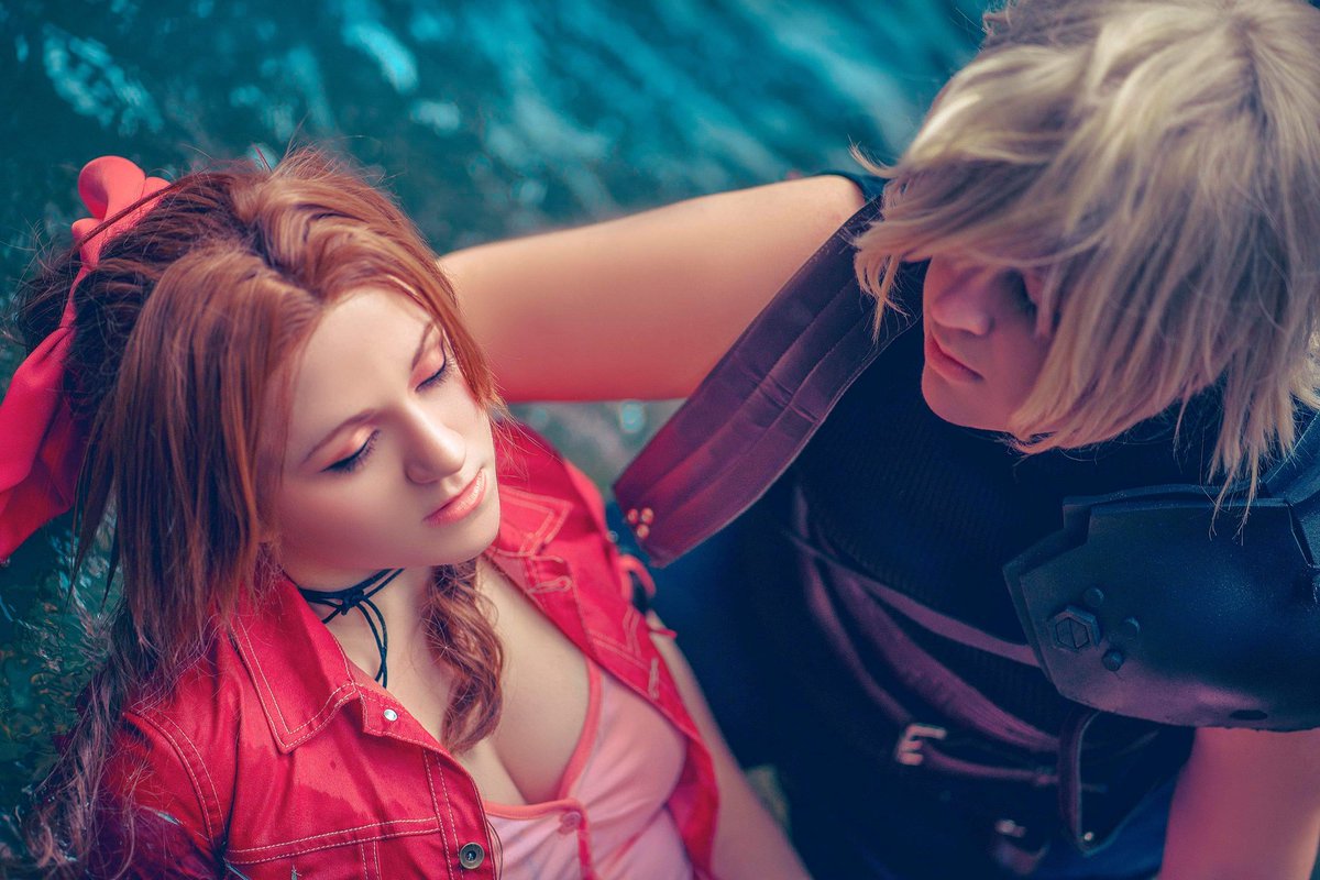 Cloudsofsand's tweet photo. Colossalcon East was canceled so throw back to when @rosettica and I froze in the waterfall. Both of us were so cold, but it was worth it 😭 Will we have to redo this for the remake I wonder 🤔

📷: @_Eidetic_ 
Aerith: @rosettica
#ff7 #cosplay #ff7classic https://t.co/xLSfWgzIHR