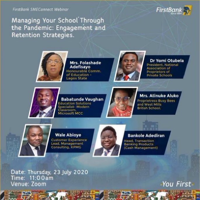 Bubble_minakie's tweet photo. School owners, teachers, education enthusiasts shouldn’t miss this webinar for anything cause you’d learn how to manage your school through the pandemic, on Thursday, July 23rd by 11am.
Registration here https://t.co/D9RUR8fFml
#FirstBankWebinars https://t.co/Jd31PKcwUJ