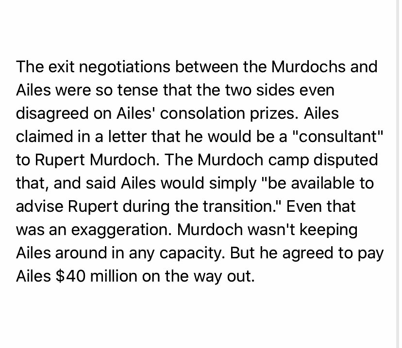 Fox News staffers believed Ailes was invincible. But  @GretchenCarlson's suit changed everything. This is how tense it got on Ailes' way out  (2/5)