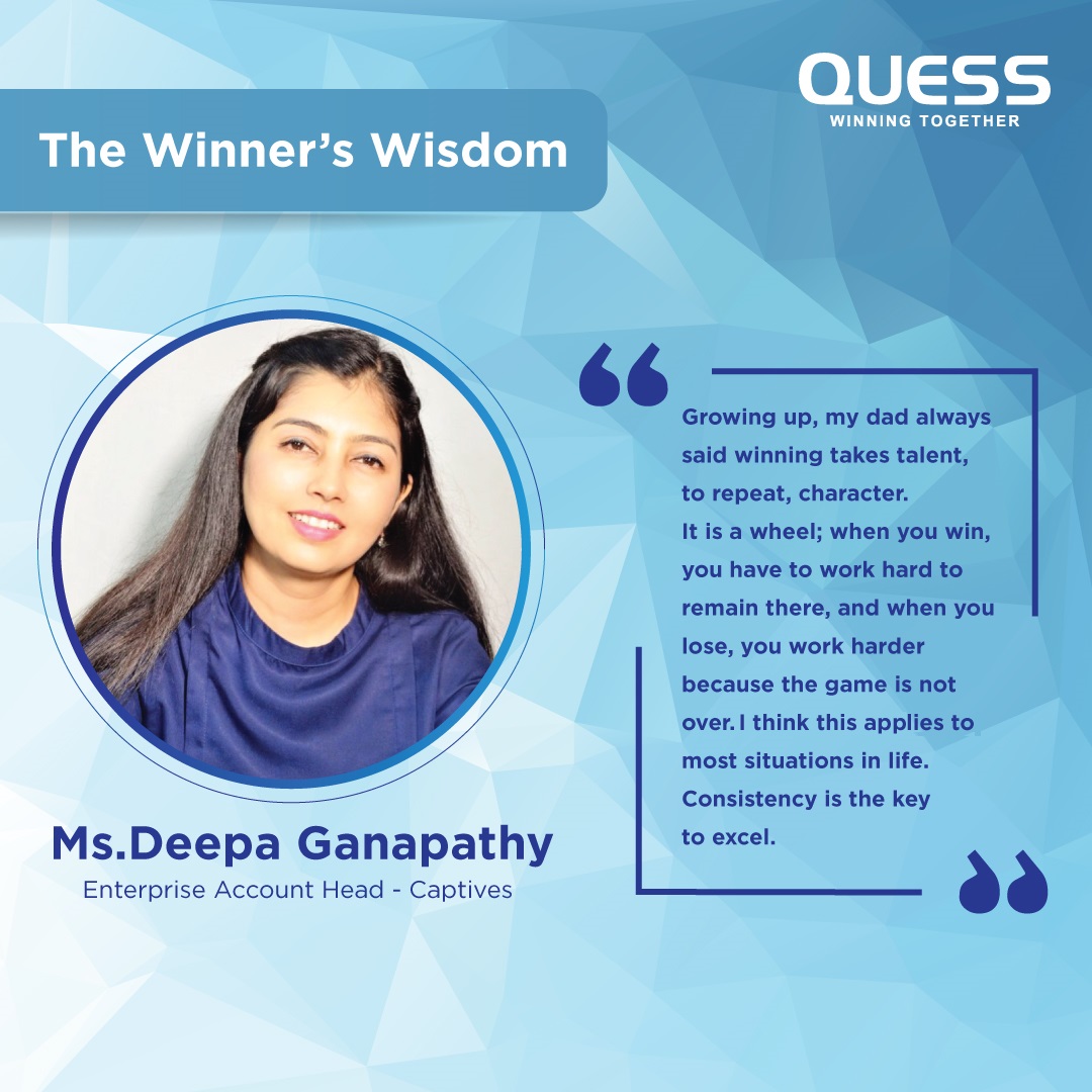 QuessITStaffing's tweet photo. Some advice and words can leave lasting impressions. We asked Deepa Ganapathy, Enterprise Account Head โ Captives, what are the pearls of wisdom she goes by. Hereโs what she had to say. #Quess #QuessITStaffing #QuessLeader #quotes #WinnersWisdom #WinningIT #WinningTogether https://t.co/hWd8w8pgxR