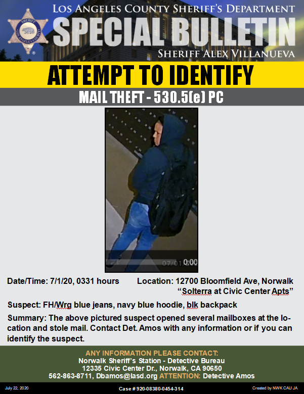 NorwalkLASD's tweet photo. Do you recognize this #mailthief? She broke into several mailboxes at the Solterra at Civic Center Apartments in #Norwalk. Contact Det. Amos if you can identify her. #LASD https://t.co/HG3jWLkdsq
