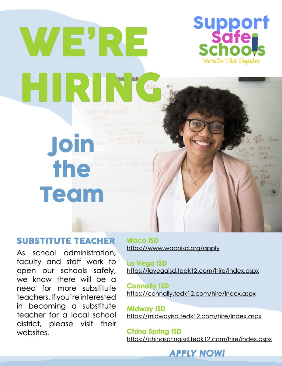 Actlocallywaco's tweet photo. As school administration, faculty, &amp; staff work to open schools safely, there's a need for more substitutes. If you’re interested in becoming a substitute teacher for a local school district, visit the websites of 
@chinaspringisd
@ConnallyISD
@LaVegaISD
@MidwayISD
@WacoISD https://t.co/hEY47GfQni