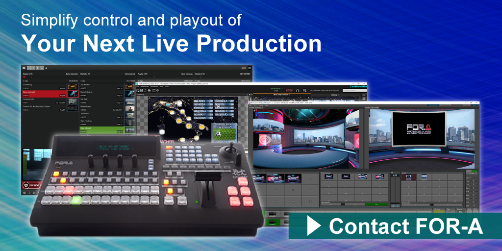 foracorporation's tweet image. Simplify control and playout of your next live #videoproduction with seamless integration between FOR-A switchers and @ClassXdev graphics, Insight servers, LiteSet virtual studios, Envivo Replay slow-motion #replay and Envivo Studio #livevideo #broadcast bit.do/lbminit