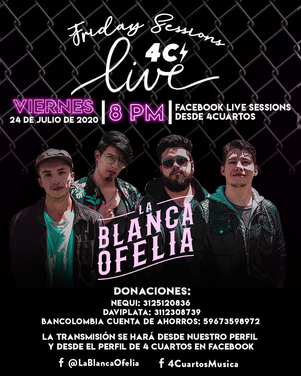 LaBlancaO's tweet photo. Todos pendientes de nuestro perfil en Facebook este viernes a las 8:00 PM 
Estaremos presentando nuestro álbum BLANCHE gracias a nuestros amigos de @4CUARTOS “Friday Sessions" ¡Los esperamos!

#LaBlancaOfelia #LBO #Blanche #4Cuartos #HazMusica #FridaySessions #Rock #Music https://t.co/bB1bu0Bf8F