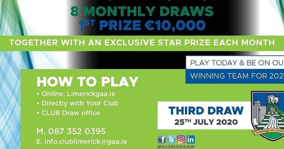 LimerickCLG's tweet photo. 🔔LAST CALL FOR JULY DRAW🔔
Join the #CLUBLkDraw for July and be in with a chance of winning €10,000 / 2 night stay Parknasilla Resort & Spa / 28 other cash Prizes.
Visit https://t.co/C4JaBOjb3n to sign up.
July Draw is this Saturday Morning #SupportingClubs #SupportingLimerick https://t.co/iTCy130VbT