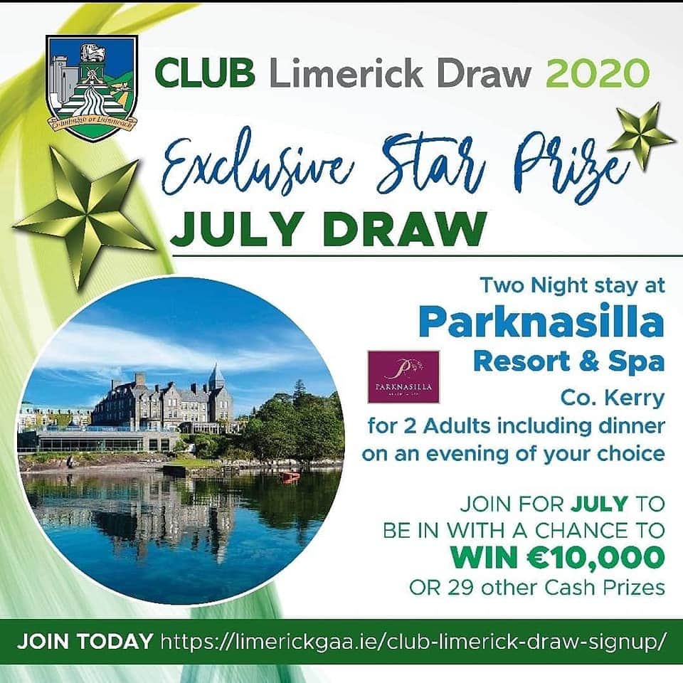 LimerickCLG's tweet photo. 🔔LAST CALL FOR JULY DRAW🔔
Join the #CLUBLkDraw for July and be in with a chance of winning €10,000 / 2 night stay Parknasilla Resort & Spa / 28 other cash Prizes.
Visit https://t.co/C4JaBOjb3n to sign up.
July Draw is this Saturday Morning #SupportingClubs #SupportingLimerick https://t.co/iTCy130VbT