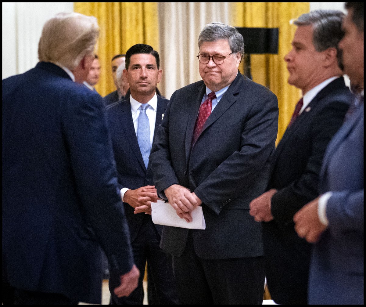 dougmillsnyt's tweet photo. Attorney General William Barr winks at @realDonaldTrump as he finished his remarks about Combatting Violent Crime in American Cities during an event in the East Room of the White House. https://t.co/Tz2nOLGPLM