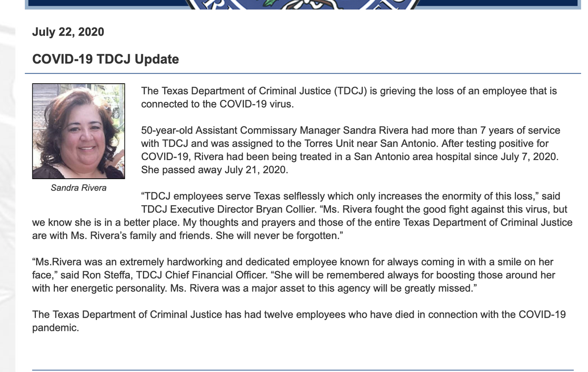 keribla's tweet photo. A 12th Texas prison employee has died of COVID-19. 

Agency still has not posted any information about prisoner deaths since two on June 29th. https://t.co/ai2GbLatXq