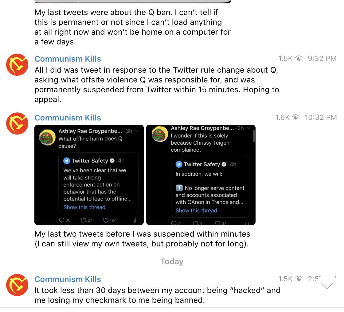 michellemalkin's tweet photo. Yesterday @Communism_Kills was suspended from Twitter for criticizing the Q ban. You can follow her on Telegram. Here are her most recent messages about the suspension. https://t.co/MoNhM3ynpL https://t.co/UY066veMGg