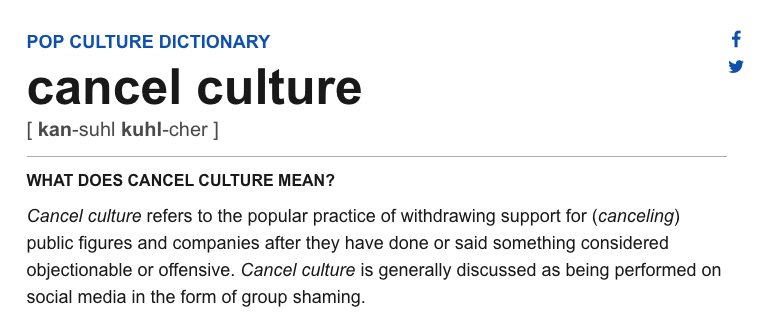 And this (the link that person just tweeted at me) is such a broad definition that it encompasses pretty much any and all criticism.  https://www.dictionary.com/e/pop-culture/cancel-culture/