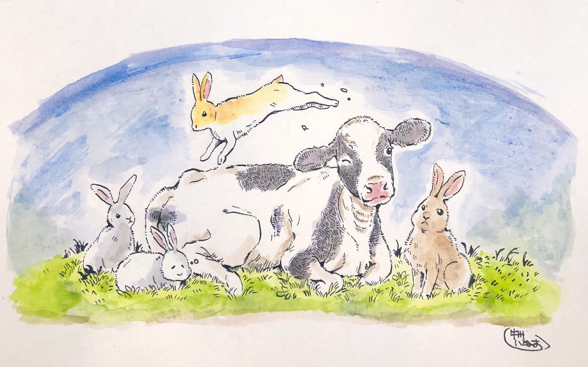 rabbit no humans grass animal focus blush traditional media painting (medium)  illustration images