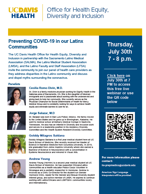 OliviaCampaMD's tweet photo. Please join us for a discussion on #Covid_19 in the #Latinx Community hosted by #Sacramento Latinx physicians and physicians in training @UCDavisHealth @UCDavisMed https://t.co/qU3egyFTYW