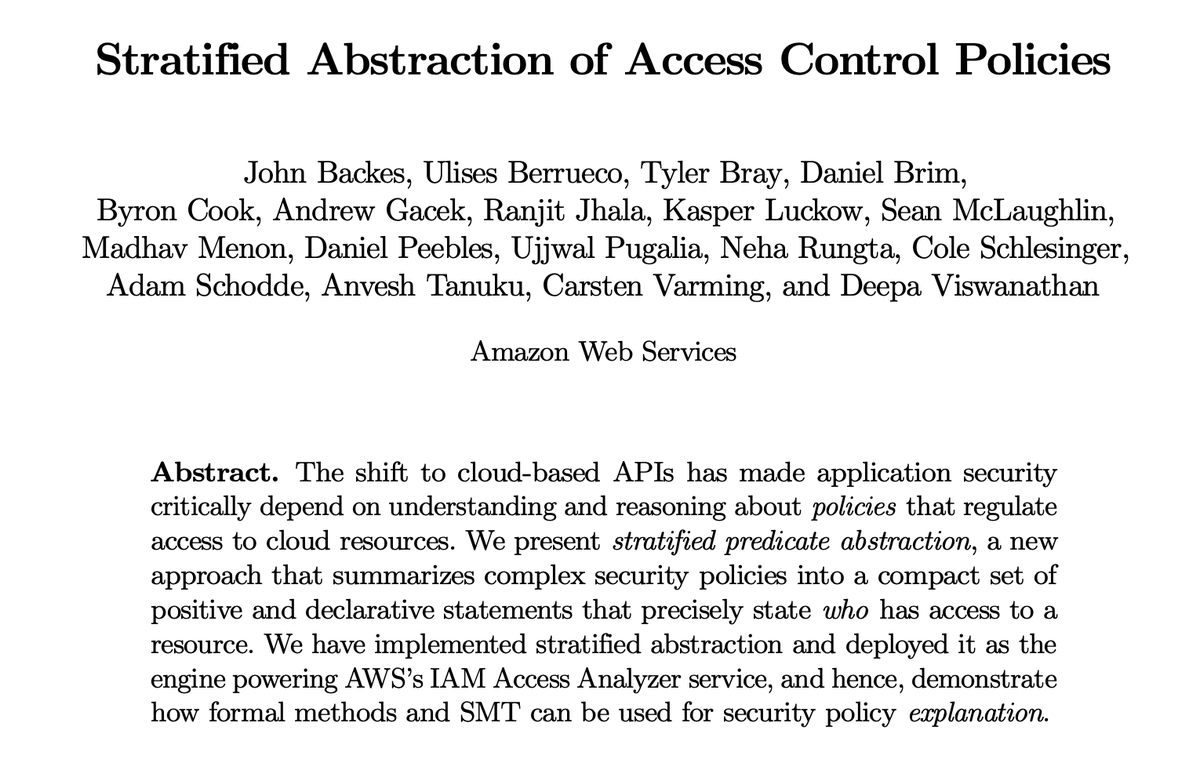 AmazonScience's tweet photo. At @confCAV, Amazon scientists present a paper about the shift to cloud-based APIs, and how that's made application security critically depend on understanding and reasoning about policies that regulate access to cloud resources: https://t.co/EeZhOJEKIo #AmazonScience #cav20 https://t.co/HhG9Ckq486