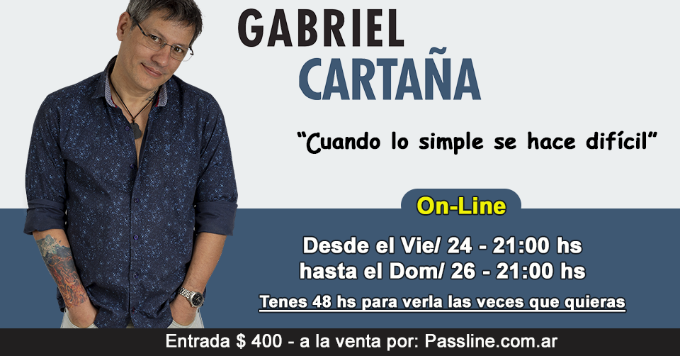 NUEVA OBRA
“Cuando lo simple se hace difícil”
Vie/ 24 - 21:00 hs - hasta Dom/ 26 - 21:00 hs
Tenes 48 hs para verla las veces que quieras
Entrada $ 400 por: passline.com/eventos/cuando…
<a href="/GabrielCartana/">Lic. Gabriel cartaña</a> <a href="/veronicabassus/">Veronica Bassus</a> <a href="/BenditaOk/">Bendita</a> <a href="/OndaBetoOK/">Onda Beto</a> <a href="/Edi_hermida/">Edith Hermida</a> @Bien_Levantado