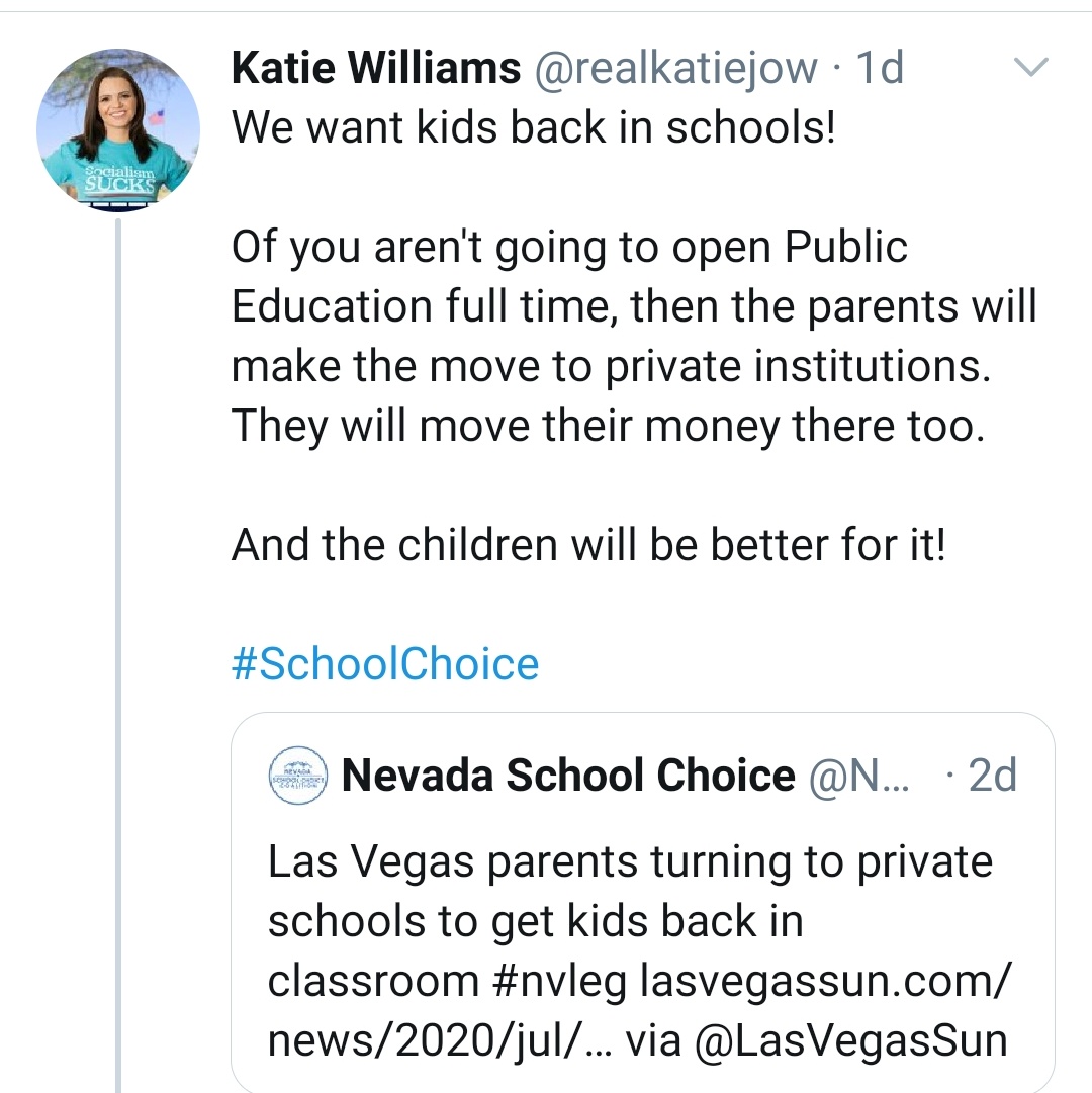 From her comments it is easy to draw the conclusion that Ms. Williams wants to improve access to private (for-profit) schools instead of bettering public (socialist) schools.I want a Trustee whose ONLY goal is to improve public education.