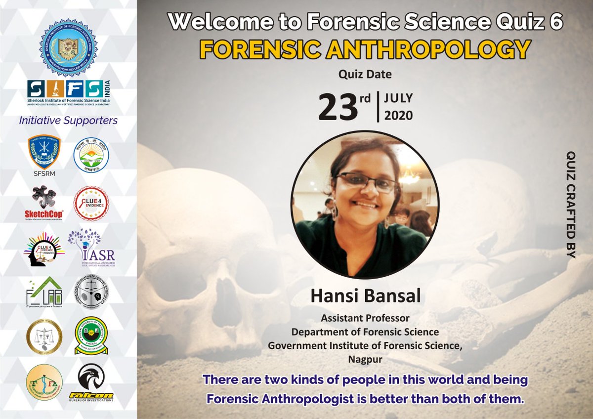 AmalaKSaj's tweet photo. Sherlock Institute of Forensic Science (SIFS) India has come up with another interesting and challenging quiz on Forensic Anthropology.
Be the expert in the field and keep learning.
Go and grab this opportunity through the following link.

https://t.co/G3H5PCyu2p https://t.co/jegCnz2dkA