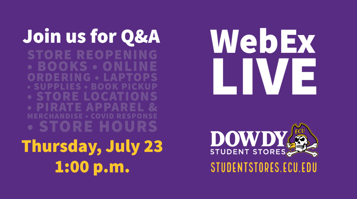 ECUDowdy's tweet photo. Students &amp; Families 📣Here's your chance to ask about books📚 computers💻and more! Learn what's in store at Dowdy, ECU's bookstore, Thurs, July 23rd at 1pm on our WebEx Live!  
Link from our website: https://t.co/ClugEXJaPg 
#ECU #ECUDowdy #PirateNationBound #ECU24 #ECUParents https://t.co/xDYvDuBjIp
