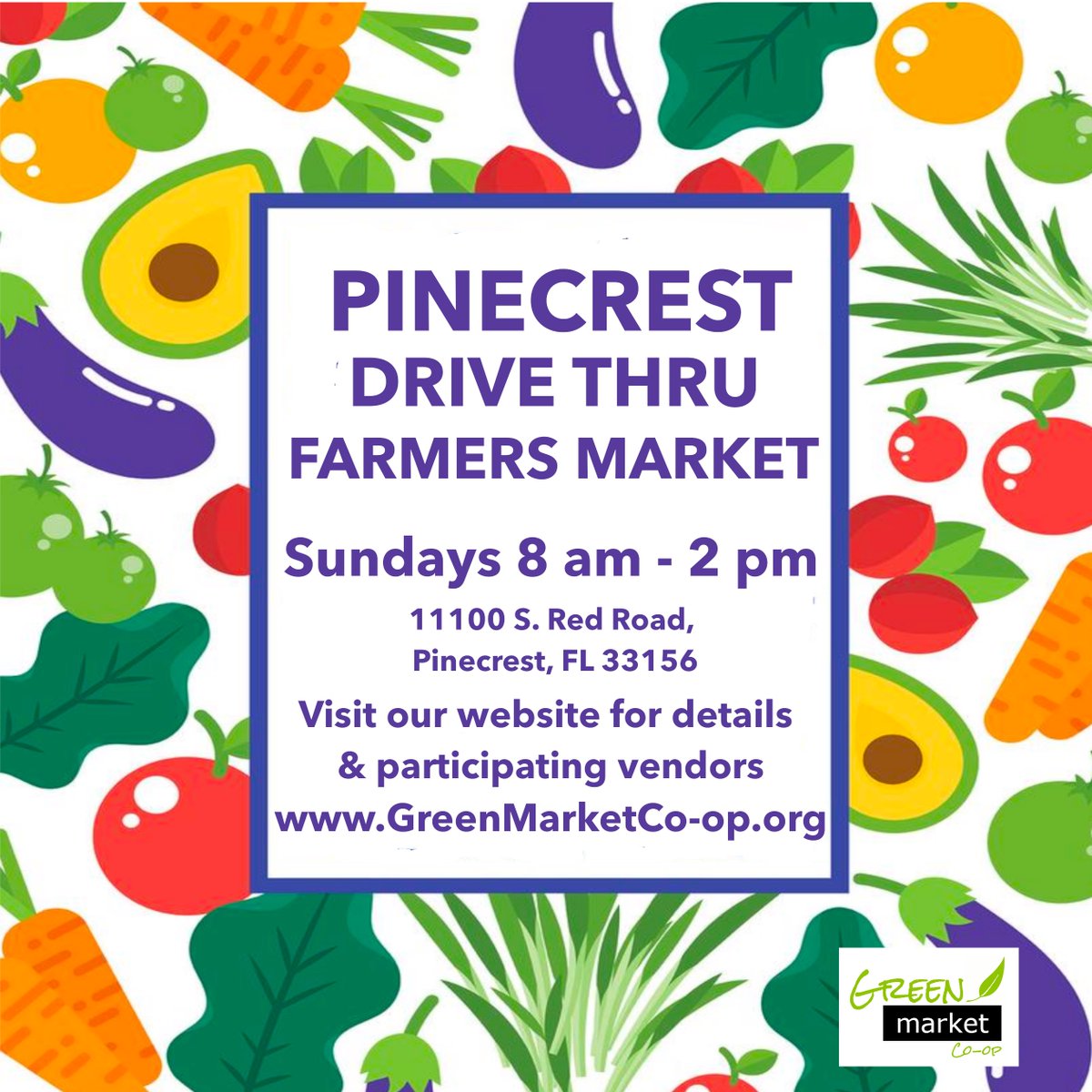 GreenMarket_FL's tweet photo. Pinecrest Drive Thru Farmers Market
Sunday’s 8am - 2pm
https://t.co/O2Qm4GWaBA 
 
🥦FACE COVERING REQUIRED
🍎CASH NOT ACCEPTED
🥕MUST STAY IN YOUR VEHICLES

#pinecrestfarmersmarket
#pinecrestgardens
#pinecresting
#greenmarketcoop https://t.co/3r6nHzLObf