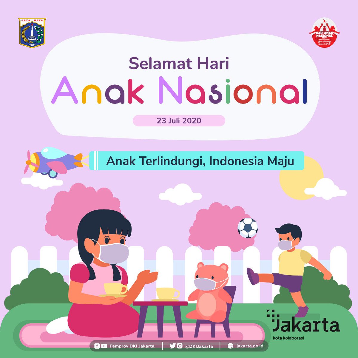 Selamat Hari Anak Nasional 2020!

Yuk, bersama wujudkan 'Anak Terlindungi, Indonesia Maju' dengan menyayangi mereka, memenuhi haknya untuk bersekolah, bermain berkreativitas dengan aman, gembira, dan terlindungi!

#HAN2020 #AnakTerlindungiIndonesiaMaju #HANDKI2020