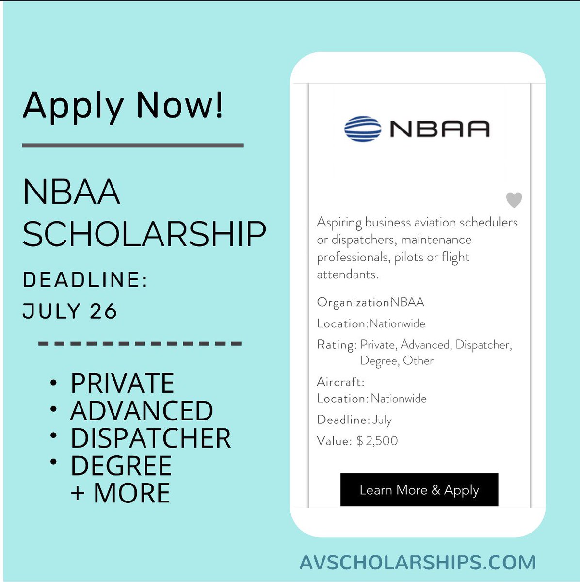 Quite a few of the @NBAA scholarships have a deadline of July 26, make sure to get your applications in soon! Find thousands more scholarships at avscholarships.com