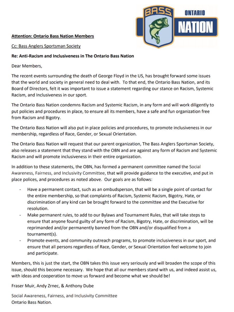 YorkBassmasters's tweet photo. We, the York Bassmasters, a proud club within the @ontarioBASS Nation wish to share with you all the attached
statement which has been developed by the newly created Social Awareness
and Inclusivity Committee.
Leaders lead!!
@bassmaster @BassFanNews @BASSTrakk @bassmastermag https://t.co/llUw1TXrew