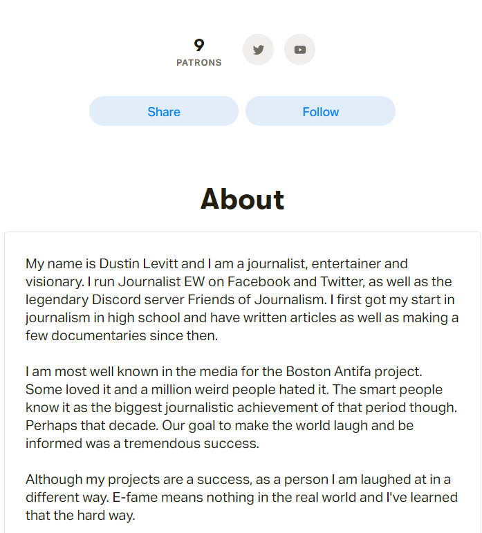 All done for 9 Patrons on Patreon. A network of fake accounts and sites that could reasonably be used to swing an election has inspired fans who donate, at most, $45 a month. This is maybe the single most dedicated grift I have ever seen, years of work, from a guy making nothing.