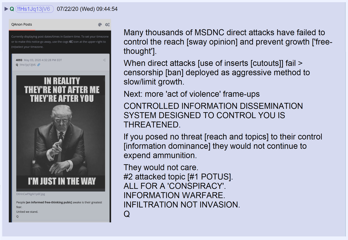 6) When mainstream media propaganda fails and the use of people inserted into the movement (to discredit Q) fails, the next step is large-scale banning of accounts.