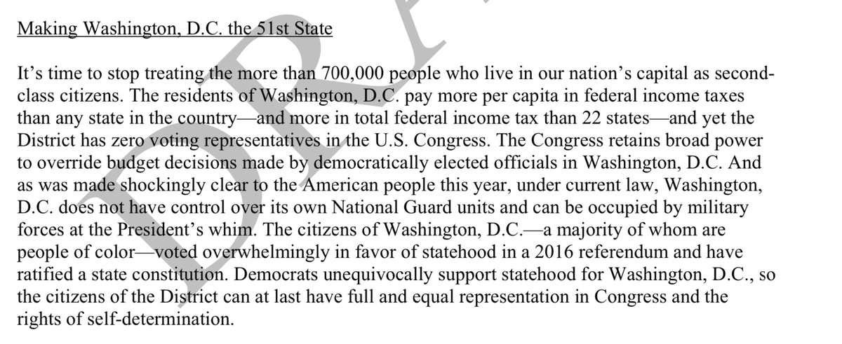 Another strong part of the platform: unequivocal support for DC statehood. Pretty inspiring how DC statehood has made its way to the forefront of the democracy fight.