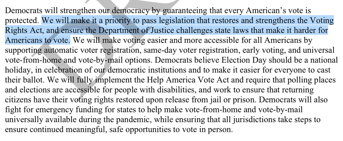 There are some good specifics on voting rights (AVR, SDR, EV, vote-by mail)—though, I always fear the vague language "support". Does that mean a federal mandate for AVR and SDR? It better. But even more interesting is how Biden's top talking points (highlighted) come first
