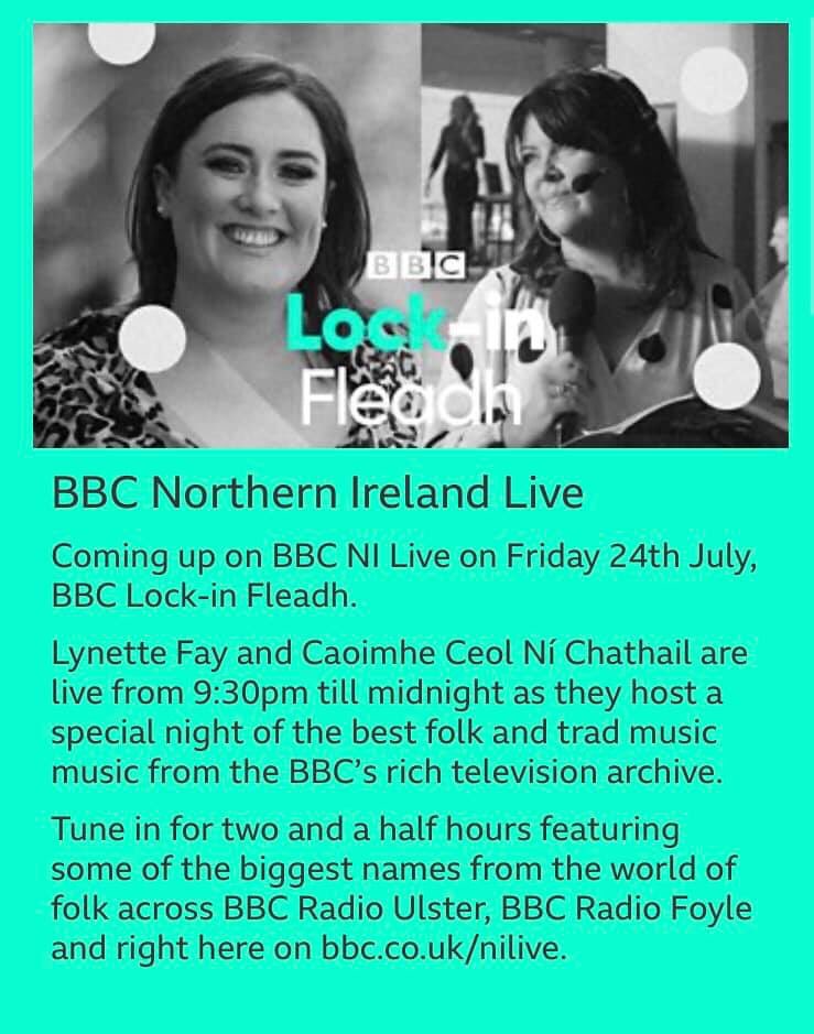 Should you have been going to Cavan for <a href="/UlsterFleadh/">Ulster Fleadh</a> this weekend? Let us help to fill that gap in your life! #LockinFleadh <a href="/bbcradioulster/">BBC Radio Ulster</a> @bbcradiofoyle &amp; WATCH bbc.co.uk/nilive from 9.30 Friday night. Come join <a href="/c_ni_c/">Caoimhe 'Ceol' Ní Chathail</a> &amp; I for a great night of music from BBC archive
