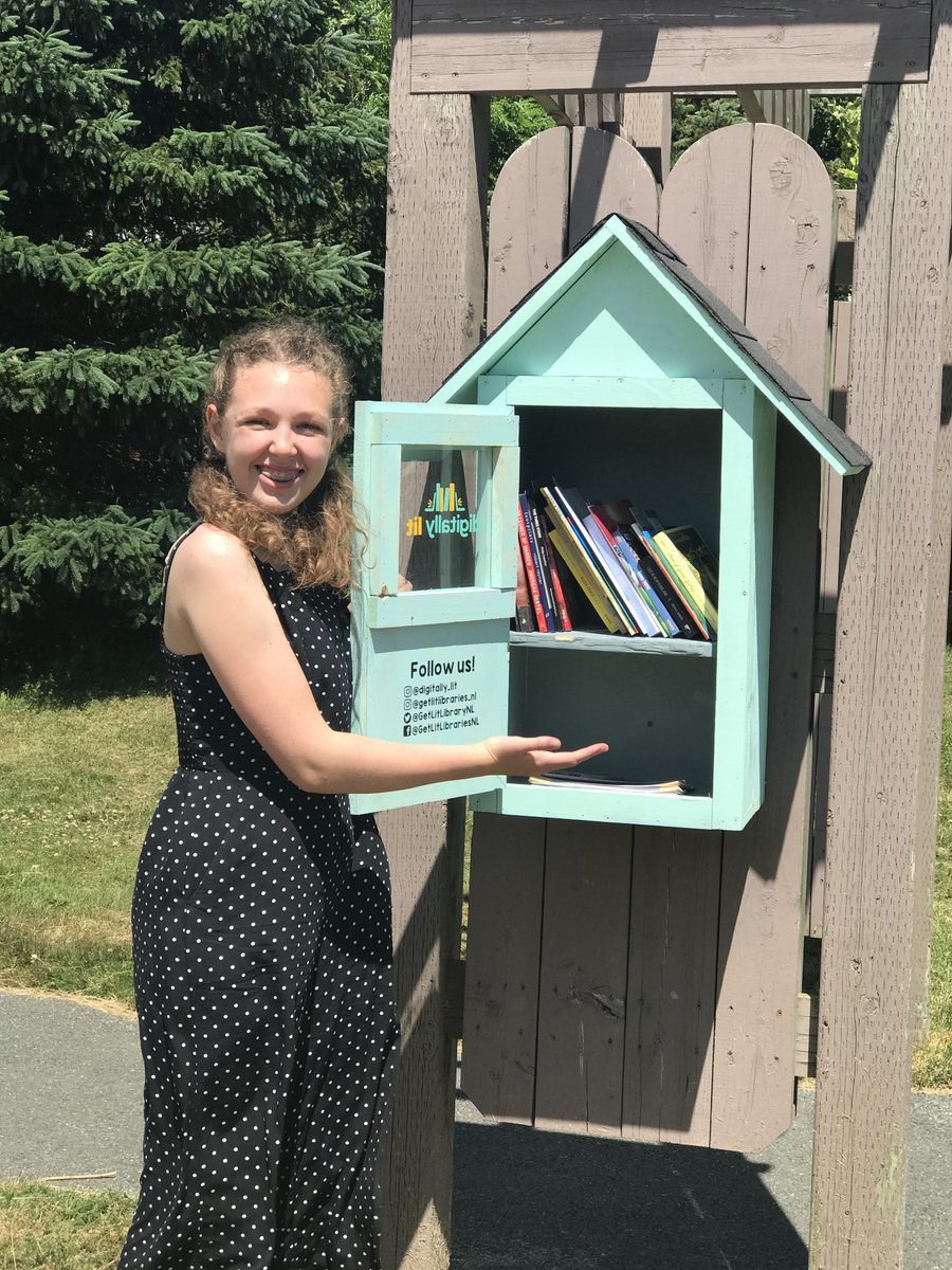 Mount_Pearl's tweet photo. Introducing Molly Powers, a 14-year-old Youth Ambassador with @LitDigitally. We were so happy to install her first Get Lit Lending Library in #MountPearl. Full of Atlantic Canadian Books - if you need a book, take a book, or if you have a book, give a book! 
#GetLitLibrariesNL https://t.co/XdclDN07hq