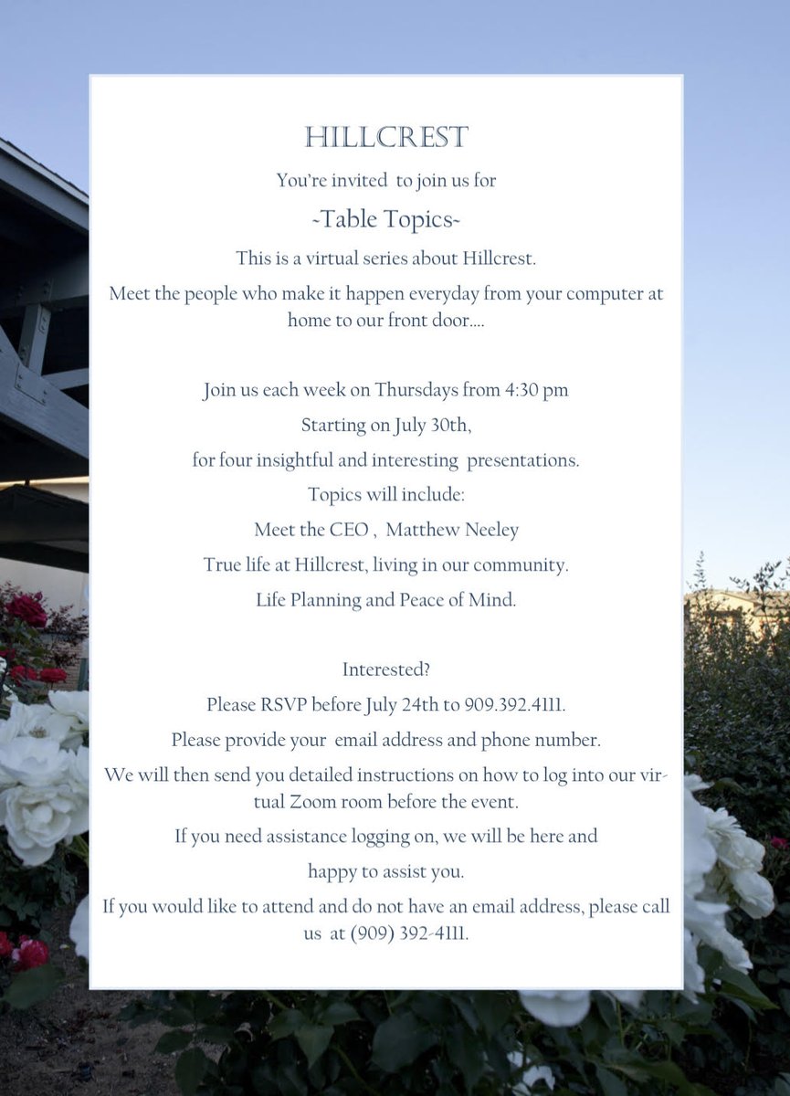 YourRealtorNow's tweet photo. @LvngatHillcrest #Youreinvited to #TableTopics a #virtualevent about #SeniorLiving #RemarkableRetirement #CCRC in #LaVerne #California. 
#Thursdays from 4:30 pm 
Starting on #July 30th.
Four #insightful #presentations. #ThoughtfulThursday #Glendora #Claremont #RSVP https://t.co/zC9AhTTZyM