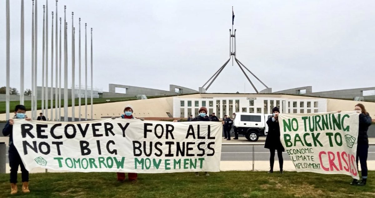 tomorrowmvmt's tweet photo. With today’s budget announcements @ScottMorrisonMP has thrown young ppl under the bus. 

Tomorrow Movement members are on Parliament Lawn this morning demanding a recovery that works for all of us -we need a bold plan that includes a Job &amp; Income Guarantee 
#noturningback https://t.co/AD1yKo2bVl