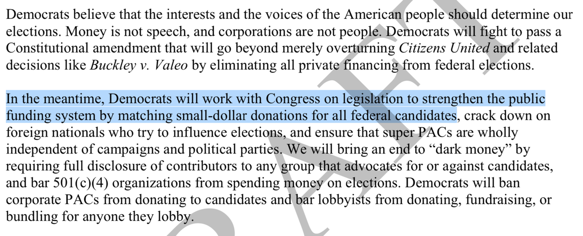 Bold language regarding money in politics, mimicking Biden's line re: an amendment to ban all private money in elections (Something I am uncomfortable with). I love the Buckley reference. Also great public financing inclusion, though I would prefer matching with vouchers.