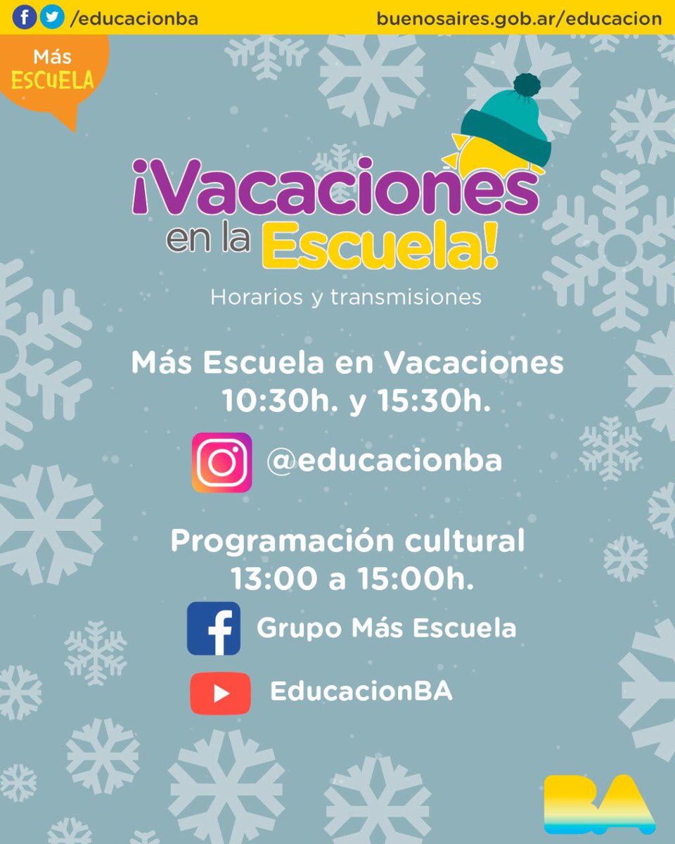 fabian_capponi's tweet photo. ¡Mirá en directo desde tu casa! «Más Escuela en Vacaciones» 📺 a las 10:30 y 15:30 h en vivo por el Instagram @educacionba 📲 Y la programación cultural de «Vacaciones en la Escuela» por Facebook y YouTube 👩‍💻👨‍💻 
#MásEscuelaEnCasa
#Invierno2020 https://t.co/r8nolJYQRL