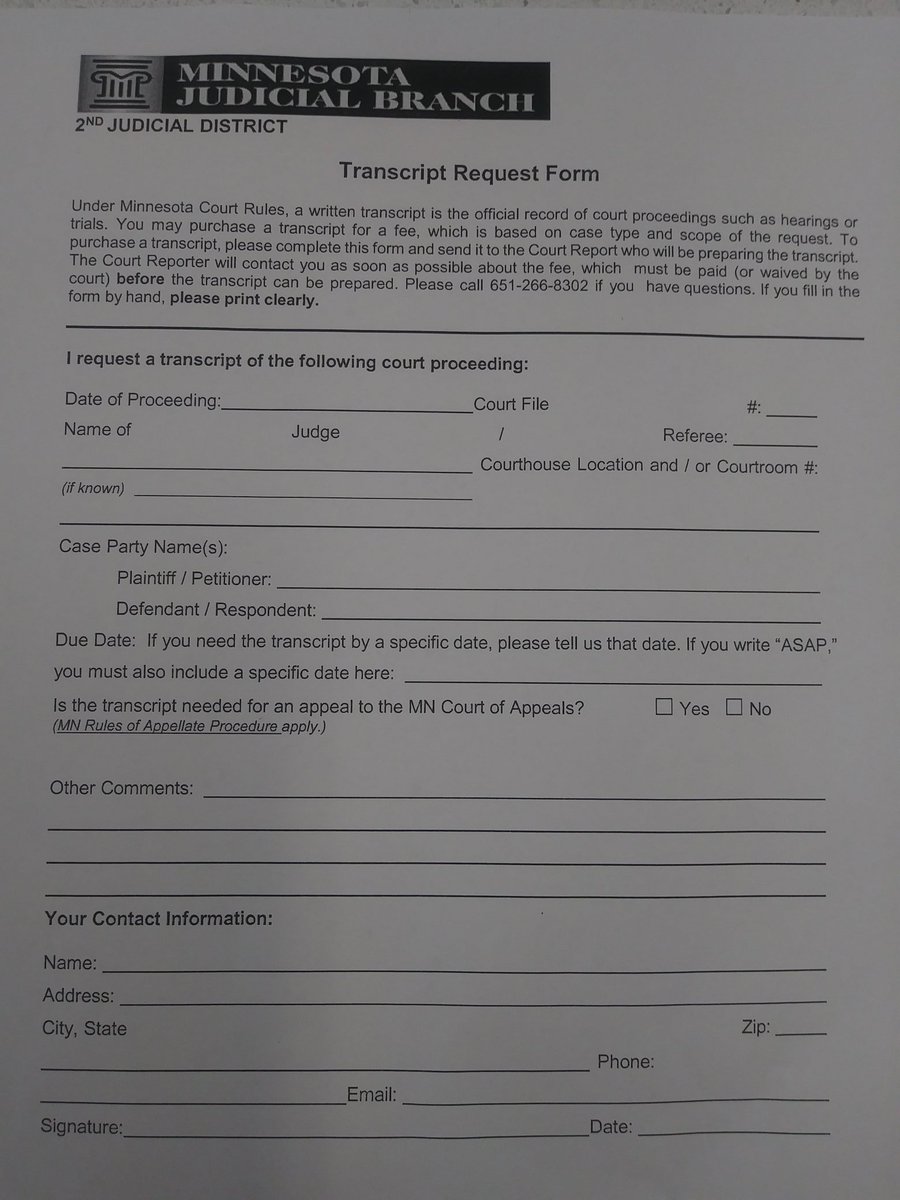 LonnieSaintPaul's tweet photo. Minnesota Judicial Branch
2nd Judicial District @RamseyCounty @MNCourts
Transcript Request Form
#TranscriptRequestForm
Minnesota State LAW Library @StateLAWLibrary
#WeMinnesota #Legal #LAW
"How to produce a court transcript"
#RamseyCounty #MySaintPaul
July 22, 2020 https://t.co/EQnYFOvj7K